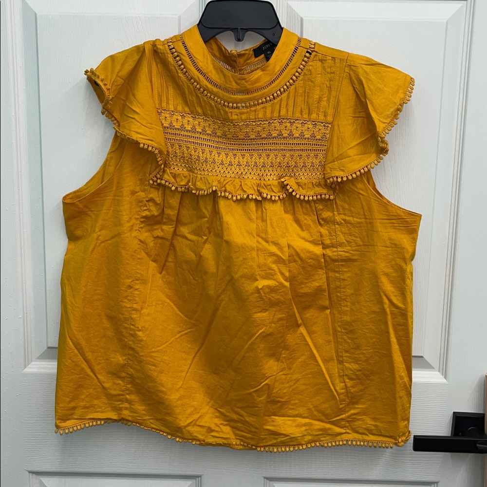 J. Crew Mustard Embroidered Ruffle Blouse